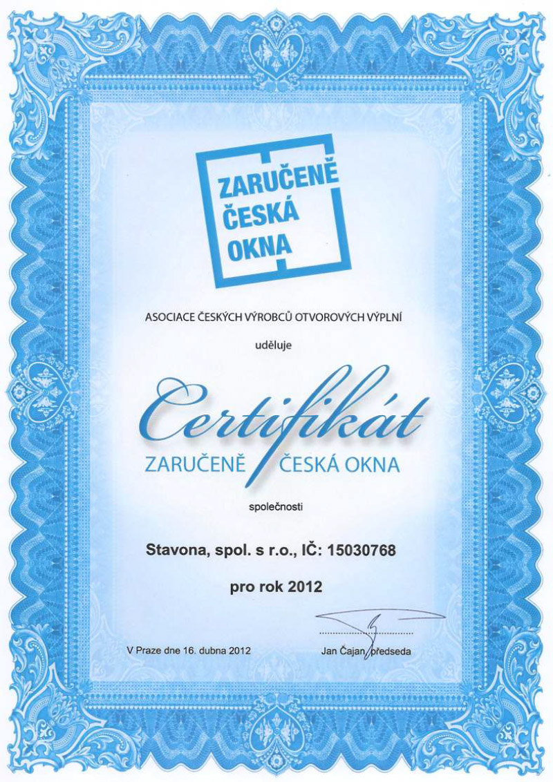 Certifikát Zaručeně česká okna